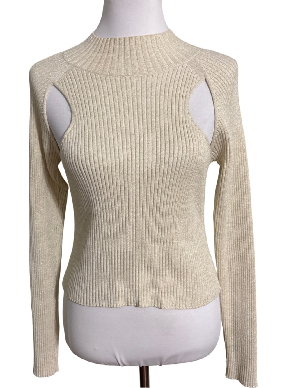Nordstrom Ivory Ribbed Cutout Turtleneck Sweater with Gold Sparkles
